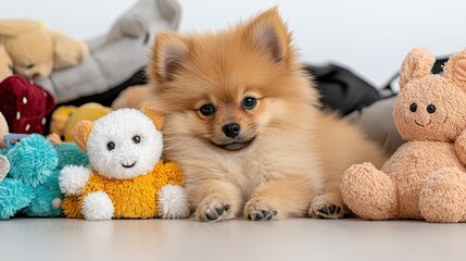 Cute pomeranian puppy resting among colorful toys at home