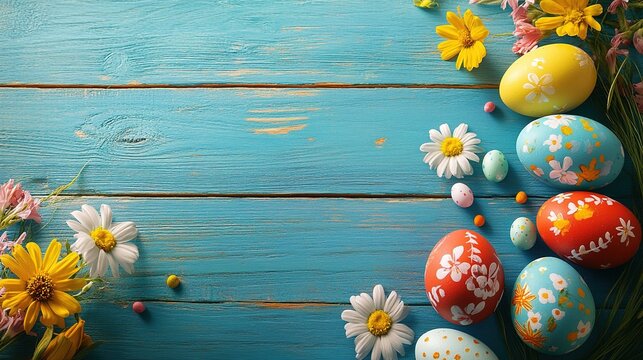 The beautiful blue wooden table is decorated with Easter eggs adorned with flowers, adding atmosphere to the spring holiday celebration. Easter home decoration, flower arrangement Easter eggs.