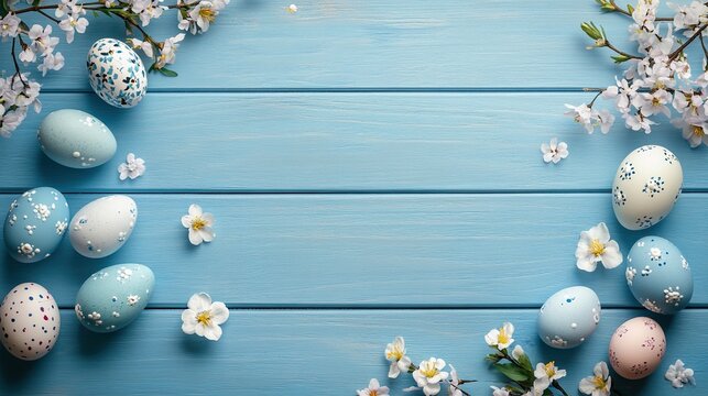 The beautiful blue wooden table is decorated with Easter eggs adorned with flowers, adding atmosphere to the spring holiday celebration. Easter home decoration, flower arrangement Easter eggs.