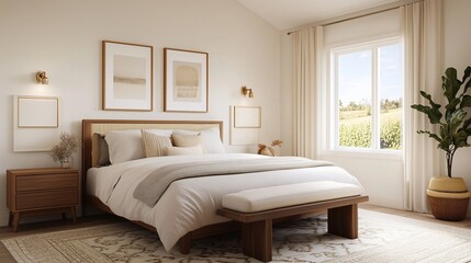 A bedroom with a large bed, a wooden nightstand, and a window with a view of a field