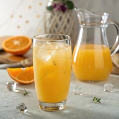 Fototapeta premium refreshing glass of orange juice with ice is placed in front of pitcher, surrounded by orange slices and ice cubes on light surface