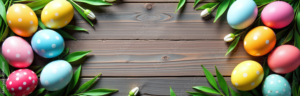 Poster A Colorful Easter Egg Design Wraps Around A Rustic Wooden Banner With Copy Space To Create A Unique Visual Statement Online.