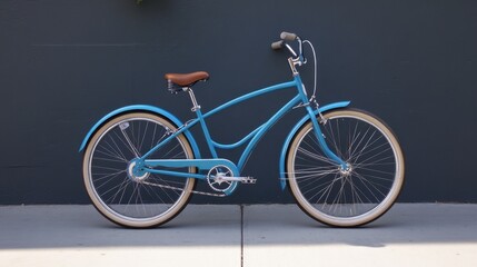 Fototapeta premium Light blue cruiser bike resting against a dark gray concrete wall, simple and stylish