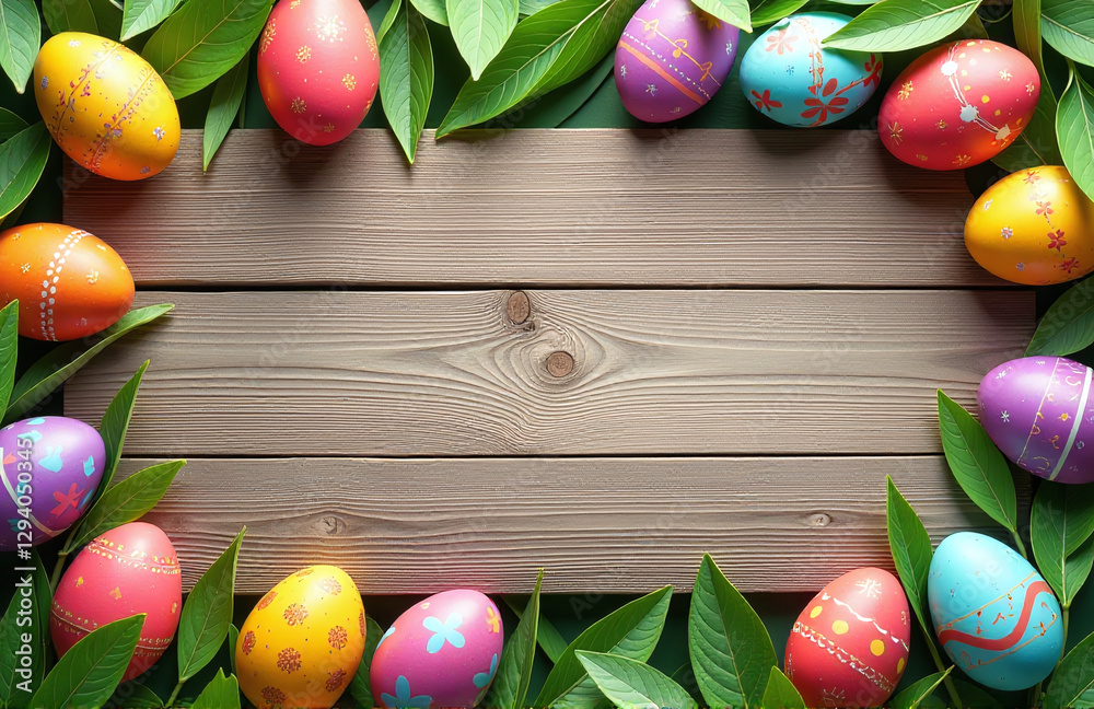 Poster A Colorful Easter Egg Design Wraps Around A Rustic Wooden Banner With Copy Space To Create A Unique Visual Statement Online.
