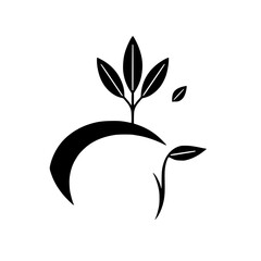 Minimalist emblem depicts life. Three sprouts growing from a crescent and one leaf isolated.