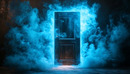 A Wooden Door Surrounded by Blue Smoke in a Dark Room