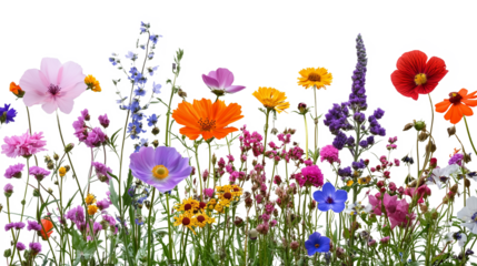 Assortment of wildflowers colorful summer flowers on transparent background, PNG