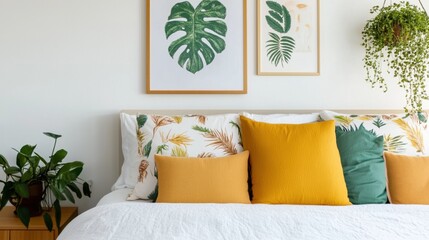 A bed with a green plant on the nightstand and a picture of a leafy plant on the wall