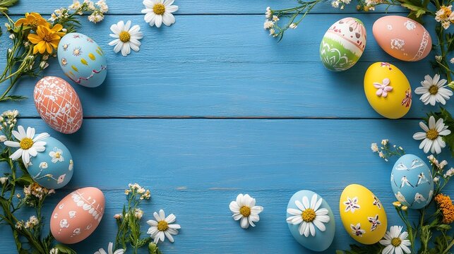 The beautiful blue wooden table is decorated with Easter eggs adorned with flowers, adding atmosphere to the spring holiday celebration. Easter home decoration, flower arrangement Easter eggs.