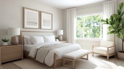 A bedroom with a white bed, white curtains, and a white chair. The room is bright and airy, with a large window letting in natural light. The bed is surrounded by lamps, creating a cozy