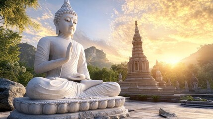 Obraz premium a majestic Buddha statue illuminated by the golden light of dawn. Carved from aged stone, the statue sits in a meditative pose amid a tranquil temple courtyard