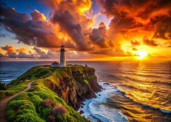 Fototapeta premium Kilauea Lighthouse Sunrise, Kauai, Hawaii - Dramatic Coastal Landscape