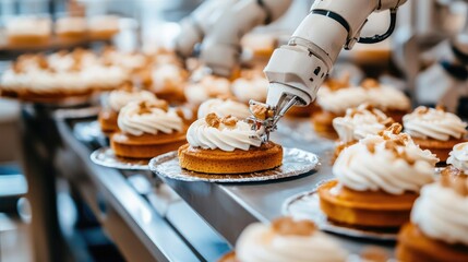 Obraz premium Precision robotic arms handling delicate pastries in an advanced food production lab.