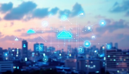 Naklejka premium Digital Cityscape with Smart Buildings and Cloud Technology, Representing Urban Tech Innovation