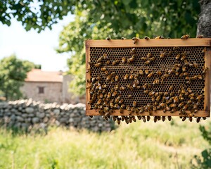 A wooden bee frame of bees and honeycomb on display