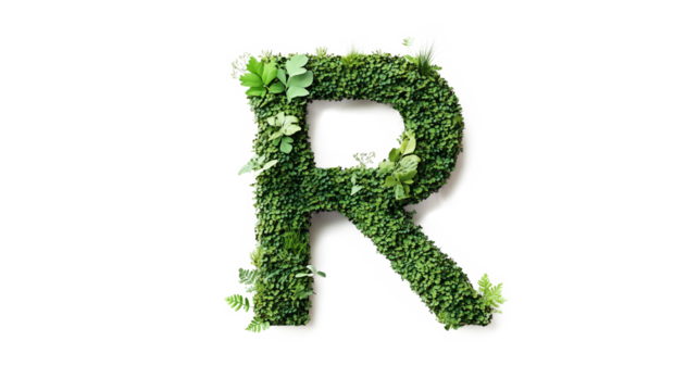 Font letter R formed by green moss fern leaves plant nature elements cutout isolated on transparent background, PNG