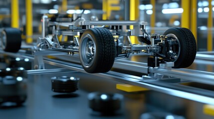 Fototapeta premium Production line in a car factory with robotic machines attaching tires to vehicles.