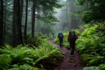 Fototapeta premium Green pine trees and ferns along a forest trail with hikers.