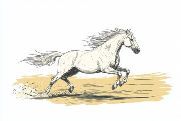 Fototapeta premium Majestic White Horse Galloping Across Sandy Soil in Dynamic Motion