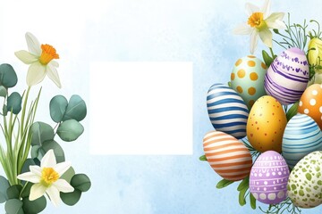 A light blue - toned Easter - themed illustration features a collection of vibrantly decorated Easter eggs with various patterns, including stripes, polka dots, and intricate designs. These eggs are s