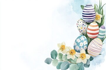 A water - colored Easter scene with a collection of vibrantly decorated Easter eggs in various patterns, such as stripes, polka dots, and floral designs, nestled among green leaves and cheerful yellow