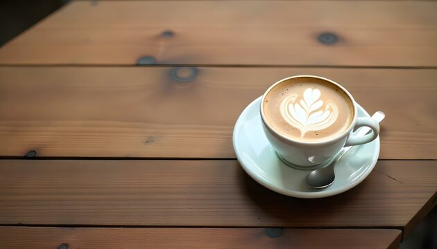 Fotograf&iacute;a a&eacute;rea de una taza de caf&eacute; blanco con arte latte sobre un platillo, colocada sobre una mesa de madera. La mesa est&aacute; hecha de varias tablas de madera, cada una con un patr&oacute;n de vetas &uacute;nico 