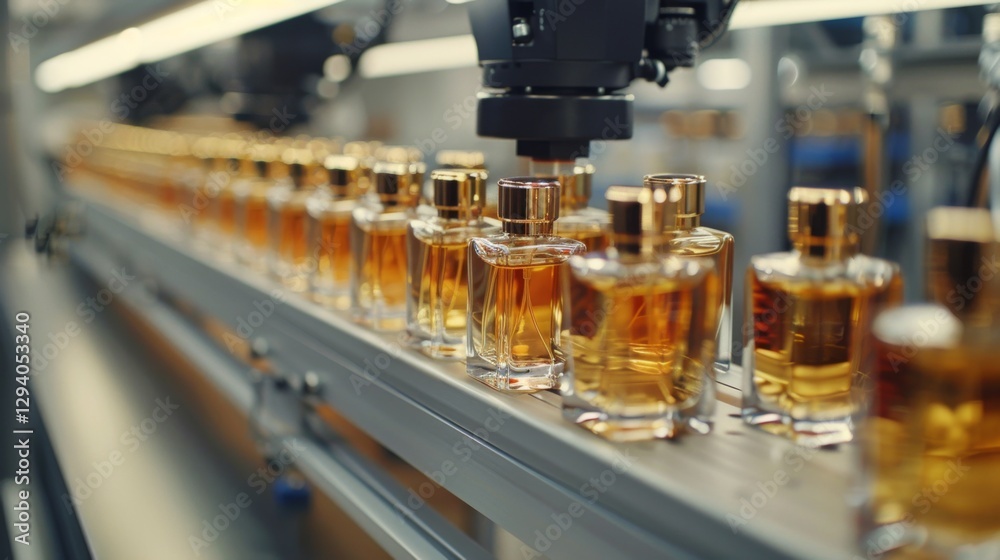 Fototapete bottles of amber colored perfume are moving along an assembly line in a modern factory, where machin