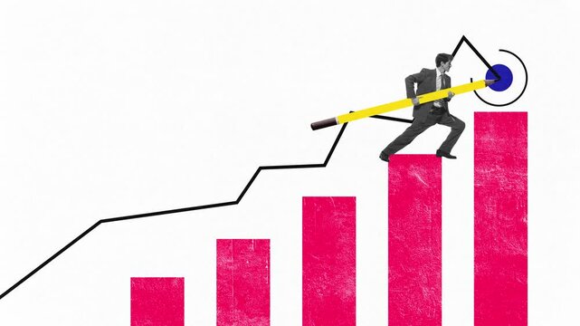 Stop motion, animation. Businessman with oversized yellow pencil, climbing red bar graph aiming at blue bullseye, symbolizing goal achievement. Concept of business, strategy, operation, success