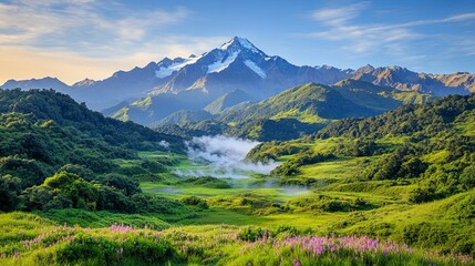 Fototapeta premium steam expanding spreading Expansive Steam Rising Over Serene Mountain Landscape