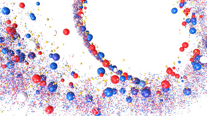 Abstract Colorful Spheres Explosion, Red Blue White Yellow Balls, 3D Render