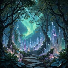 Fototapeta premium An ethereal crystal grove bathed in the shimmering aurora lights