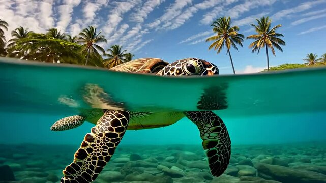 A captivating split-level video shot of a sea turtle swimming near the surface, with a tropical beach and palm trees in the background, low-angle view.