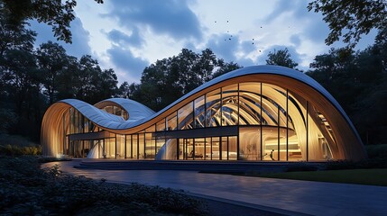 Modern Curved Architecture Home Design with Glass and Wood Elements