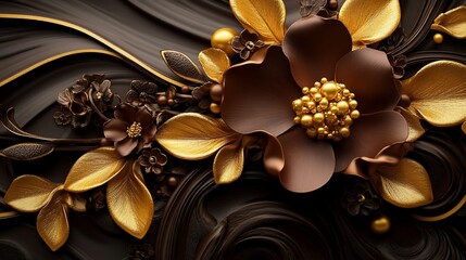 Chocolate and Gold Floral Masterpiece: A Luxurious 3D Render of Exquisite Chocolate Flowers and Golden Leaves