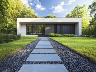 Fototapeta premium Modern house surrounded by greenery with a clean stone pathway leading to the entrance