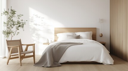 Fototapeta premium Serene Bedroom Interior: Experience tranquility in this meticulously designed bedroom, radiating comfort with minimalist decor, soft lighting and a nature-inspired ambiance.