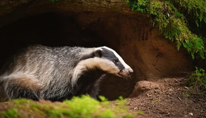 Fototapeta premium Wild Badger in Forest Cave Entrance at Dawn Captivating Moment of Solitude and Serenity Amidst Autumnal Tones