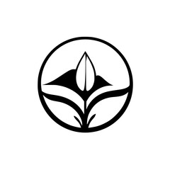 Abstract Plant Life: Emblematic botanical illustration, minimalist design. A stark black and white floral design in a circle.