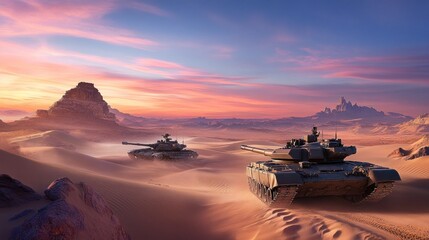 Tanks move across a barren desert landscape at dawn. The morning light casts long shadows over sloping sand dunes and rugged rock formations.