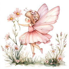 A delicate digital illustration of a pink fairy with wings, holding daisies, on a green background. Elegant, magical, ideal for fantasy decor or prints.