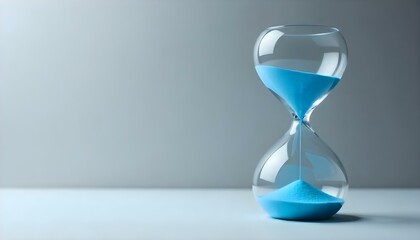 Fotograf&iacute;a de estudio de un reloj de arena de cristal con arena azul sobre un fondo gris
