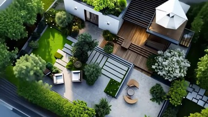 Aerial view of a modern garden with geometric design, lush greenery, and wooden deck, resembling a video game landscape layout.