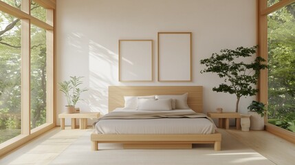 Fototapeta premium Serene Bedroom Oasis: A bright bedroom with a double bed and two blank frames, plants in pots, and large windows. A sense of peace, tranquility, and comfort.
