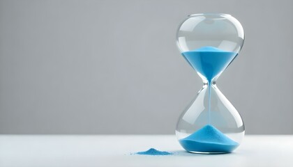 Fotografía de estudio de un reloj de arena de cristal con arena azul sobre un fondo gris