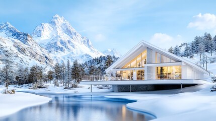 Fototapeta premium Luxurious Modern Chalet in Snowy Mountain Landscape Winter Wonderland Home