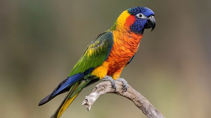 Fototapeta premium A vivid and colorful parrot sits gracefully on a slender branch, showcasing its vibrant plumage against a blurred natural backdrop.