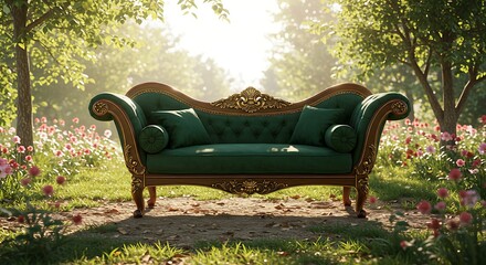 Elegant Green Velvet Couch in Flower Meadow Under Sunlight Scenery