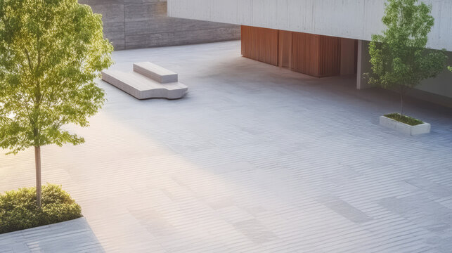 Modern courtyard with minimalist design and natural elements in urban space