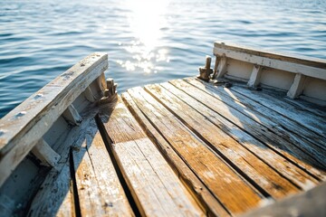Fototapeta premium close-up photo of rustic wooden boat deck partially coated with sunlight gently creaking with ocean waves