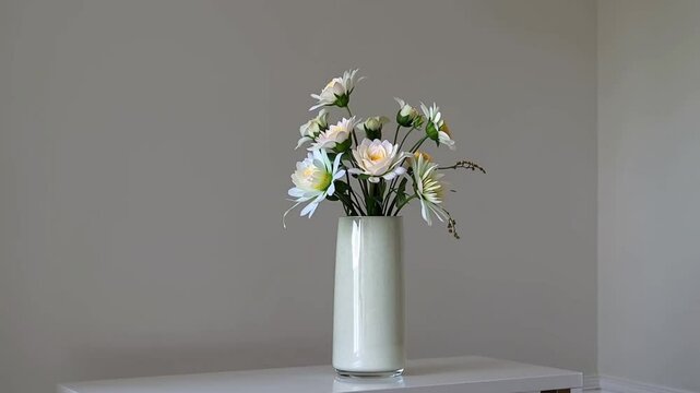 empty coffee table in a pristine white living room. Show a time-lapse of the vase being placed on the table, followed by flowers being arranged.